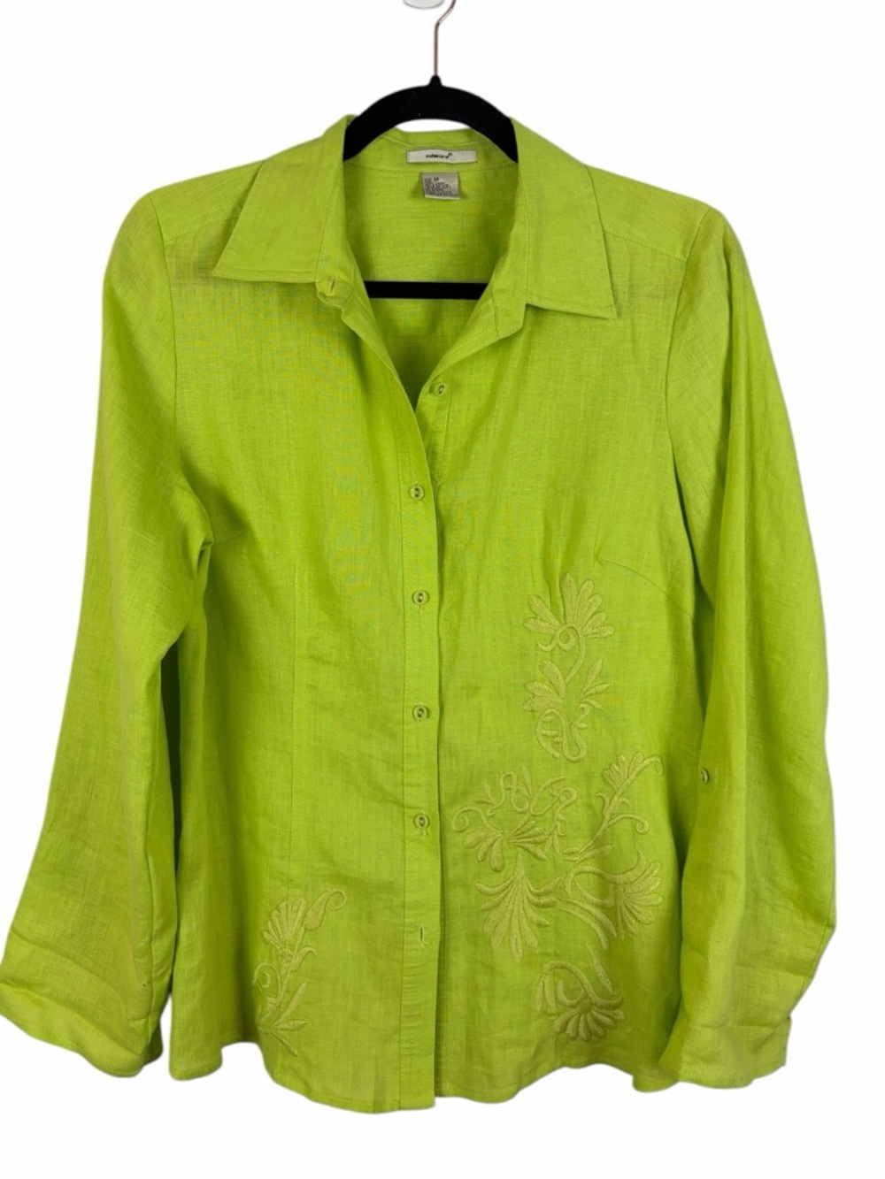 Edward Linen Shirt Medium Lime Green Embroidered Button Front Lightweight Blouse